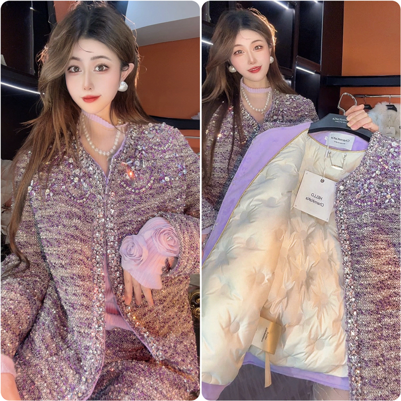 【暗思黛紫】63219水钻花朵编织香风羽绒服外套