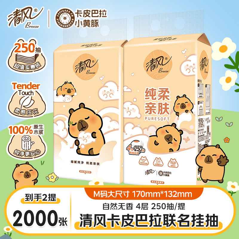 清风挂抽卡皮巴拉2提抽纸悬挂式柔软抽纸4层加厚250抽/提卫生纸