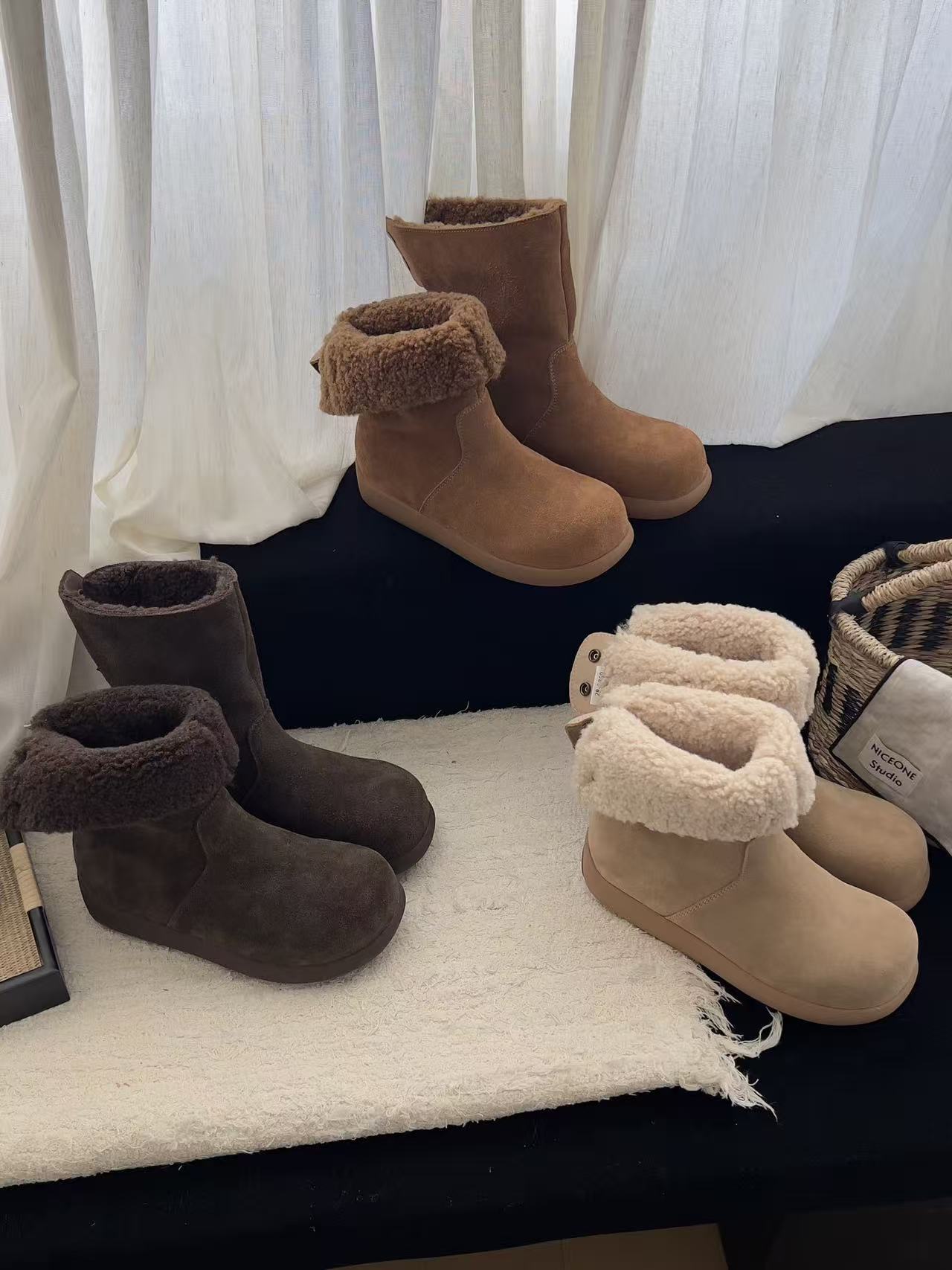 【青泽】韩版磨砂牛皮可翻边扣子雪地靴加厚雪时尚冬季堆堆靴