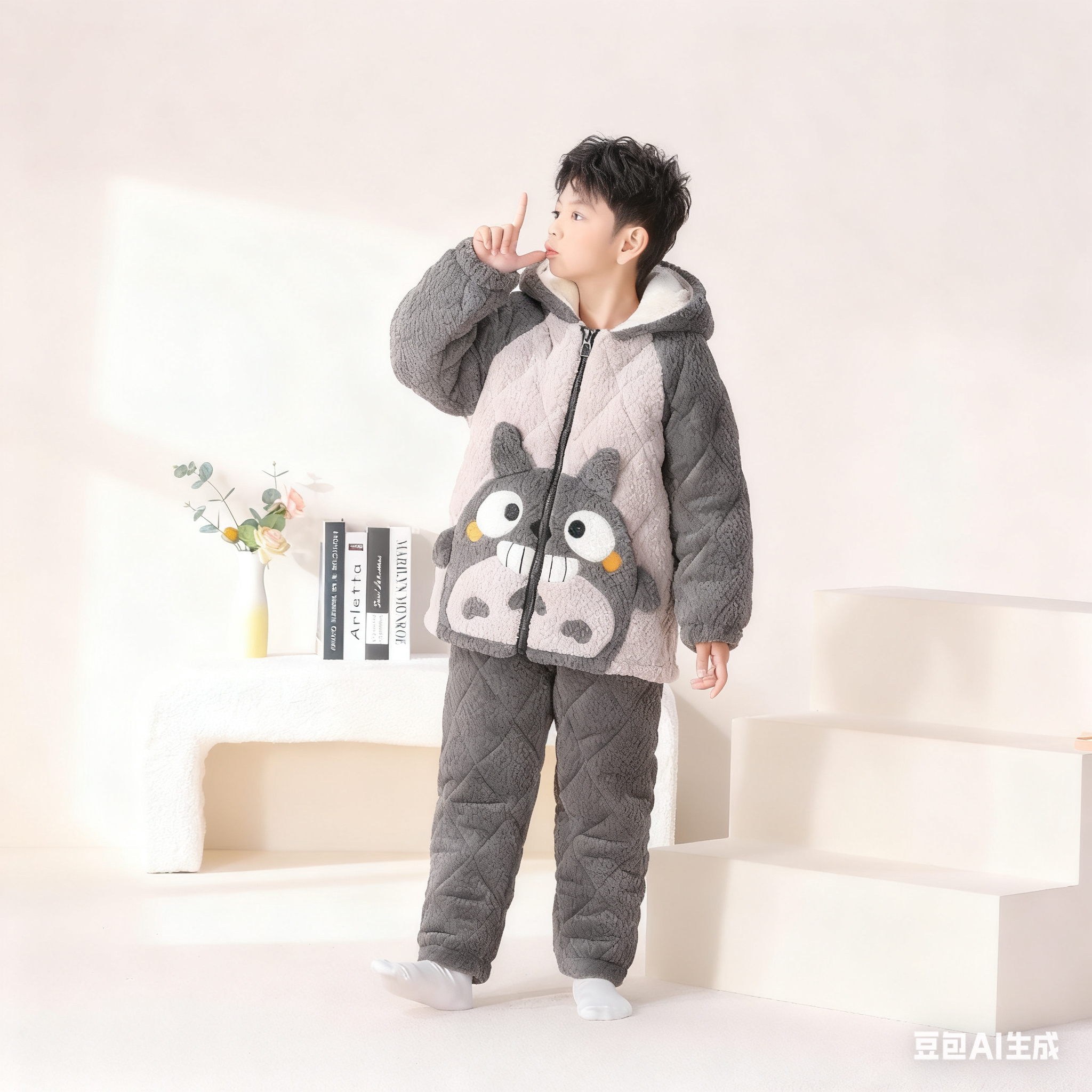 男童三层夹棉法兰绒冬季加绒加厚卡通龙猫款连帽家居服睡衣冬款