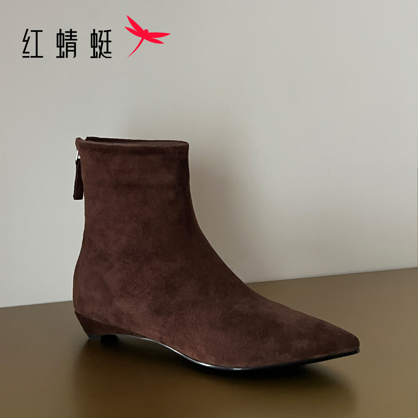 红蜻蜓防滑尖头低跟英伦高跟短靴粗跟拼接绒面瘦瘦靴A68