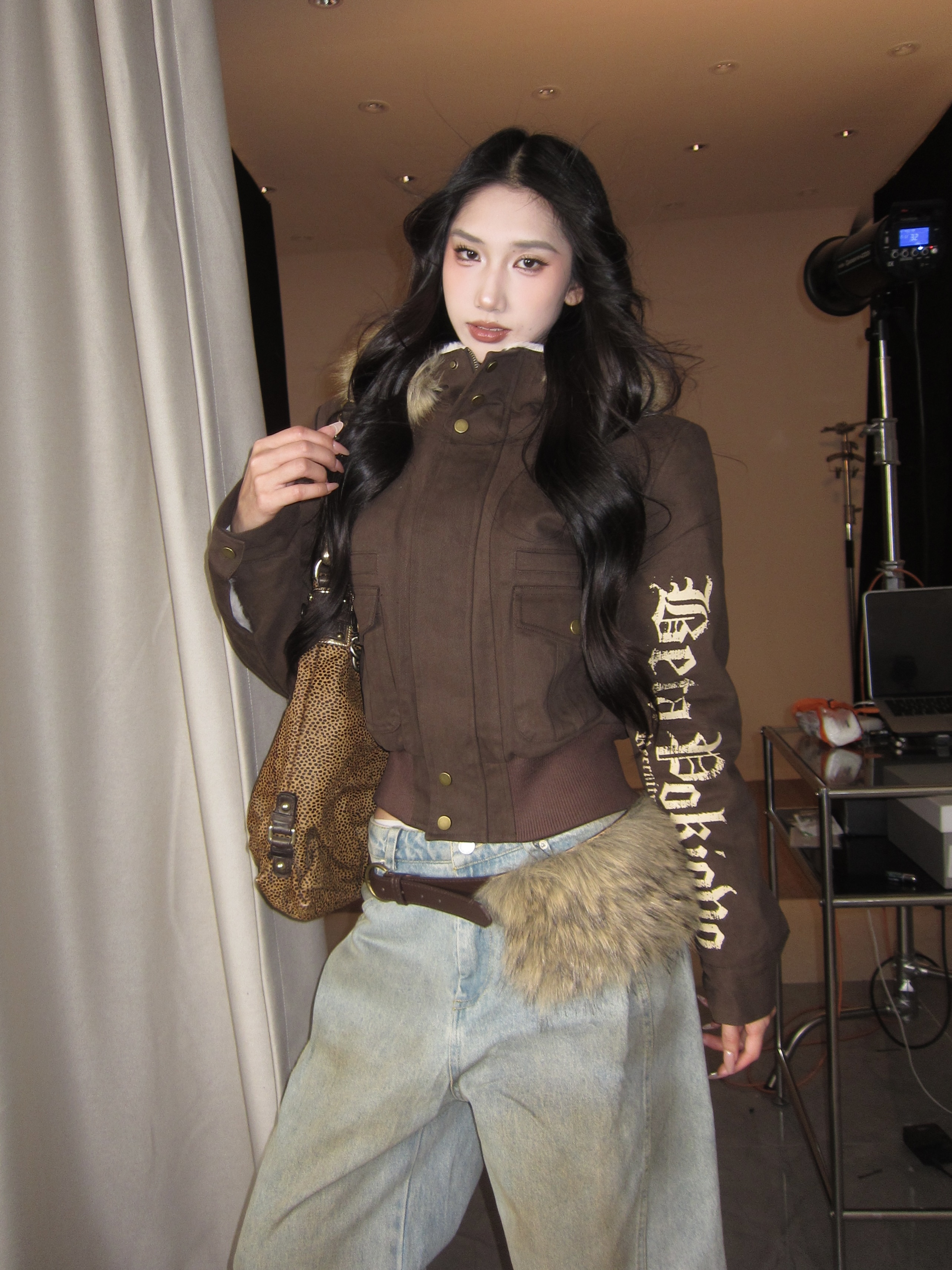 6NE 美式复古辣妹大毛领加绒连帽棉服外套女2025新款秋冬加厚夹克