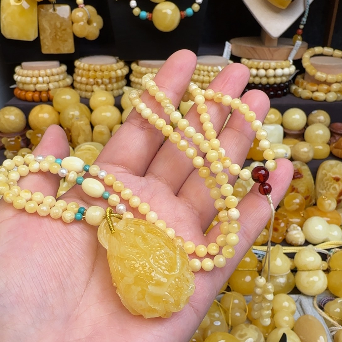 琥珀未镶嵌套链天然蜜蜡百财吊坠毛衣链