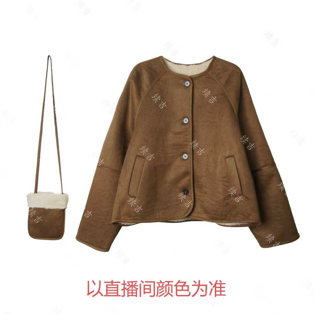 冬-续吉麻衣25-2899圆领纯色长袖单排扣加厚毛毛外套加包包两件套
