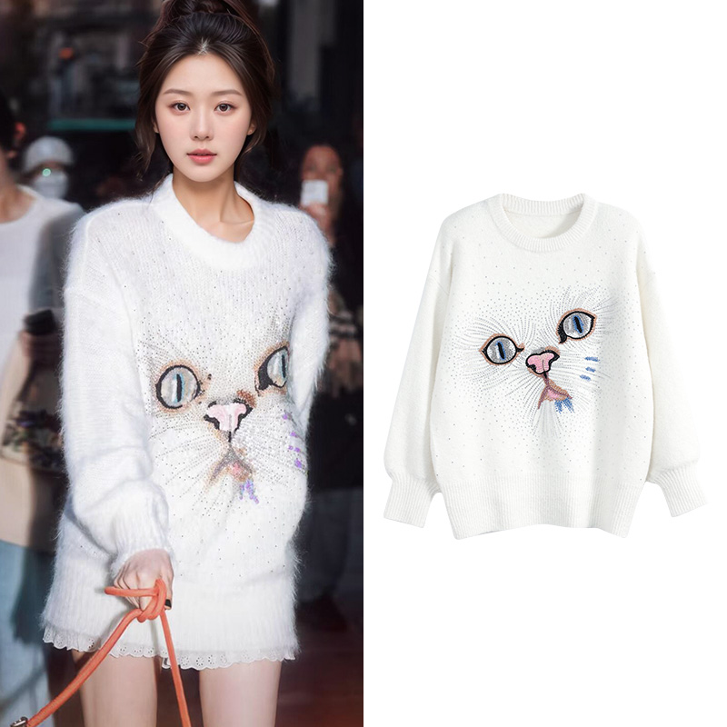 宋祖儿同款猫咪钉珠针织衫软糯刺绣慵懒风中长款圆领针织毛衣女