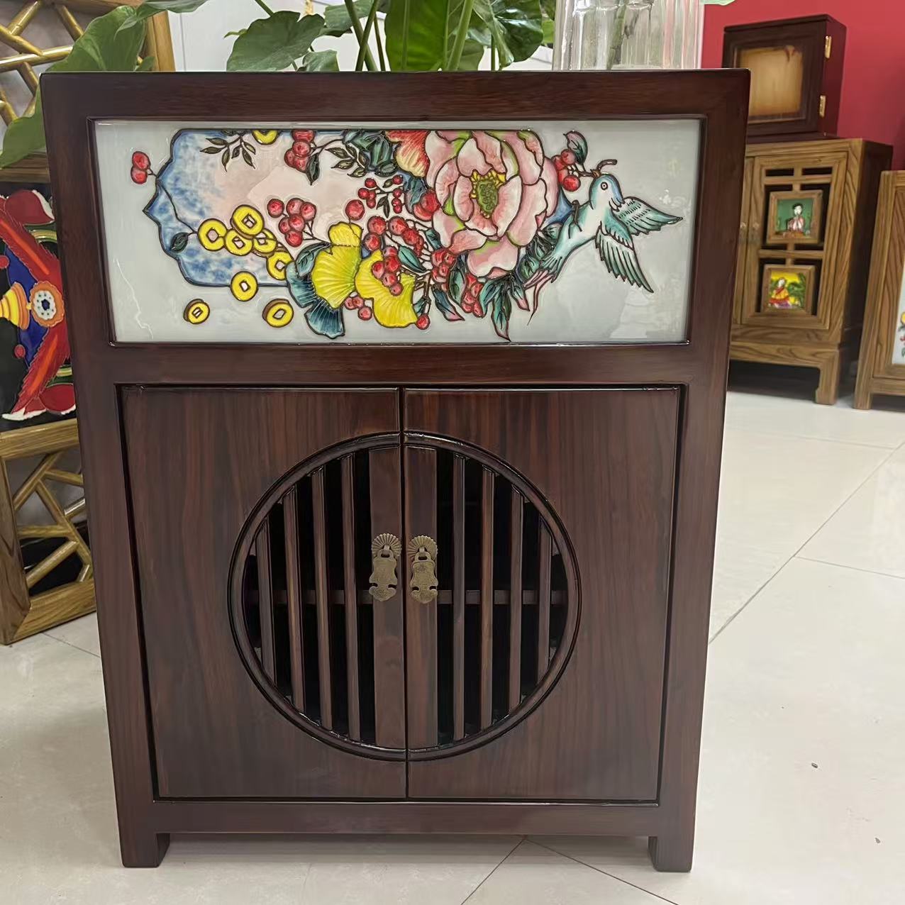 【观舆】新中式镂空雕圆刻花老榆木多功能收纳装饰摆放双开门藏书柜