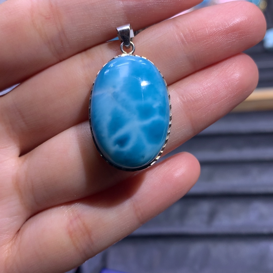 针钠钙石（海纹石）银S925镶嵌吊坠(不含链)蛋面吊坠色差略异