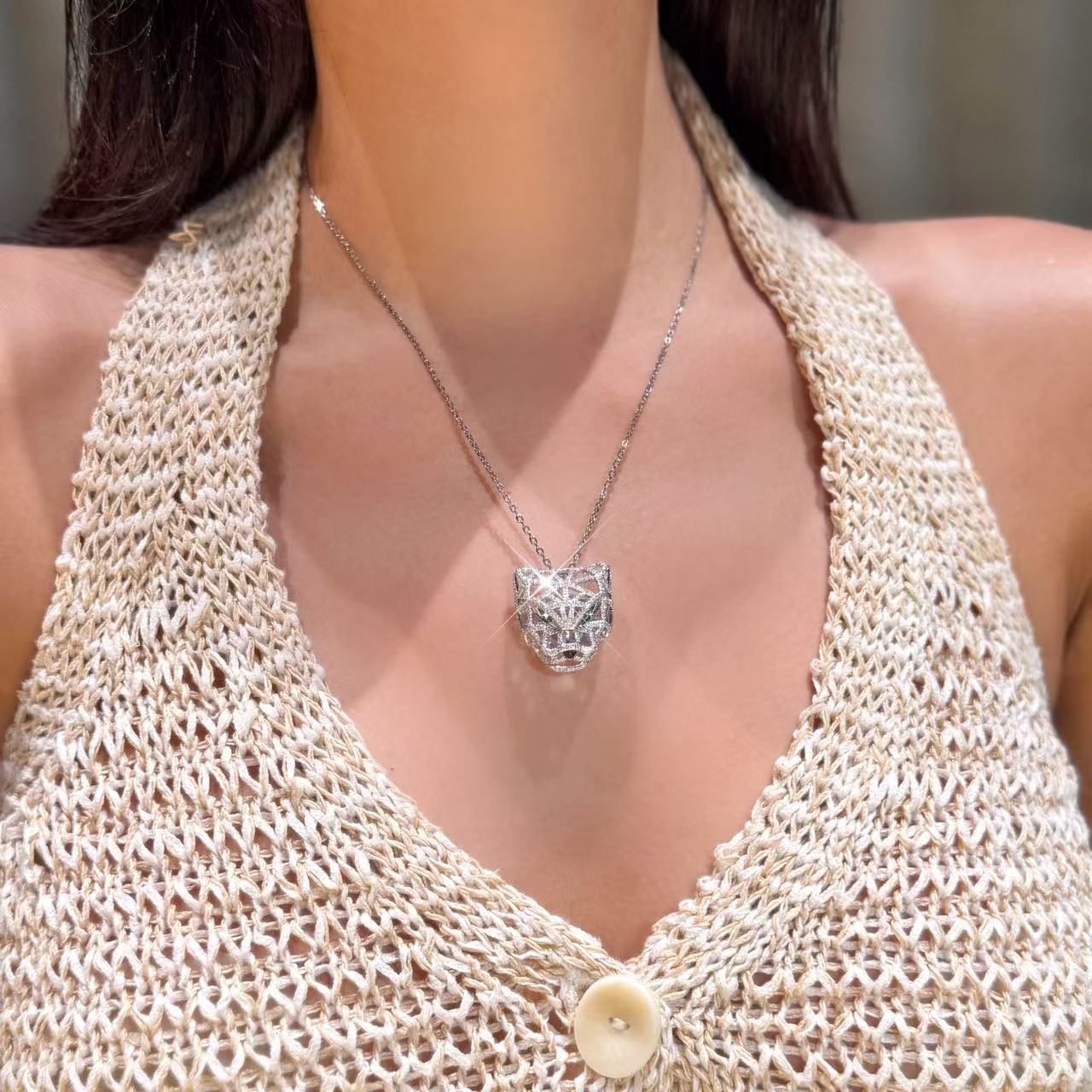 QANNA【绿眼睛豹子头】【设计款】欧美风奢华猎豹情侣钻石锁骨项链AY