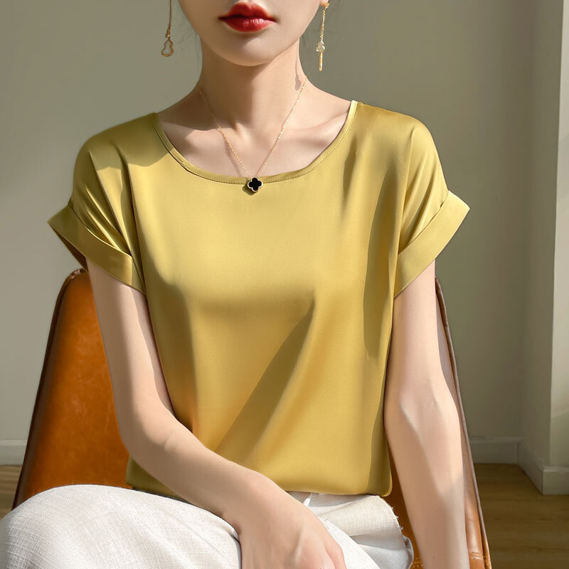 【运费补贴】100%桑蚕丝圆领短袖翻边T恤女士气质百搭夏装打底衫