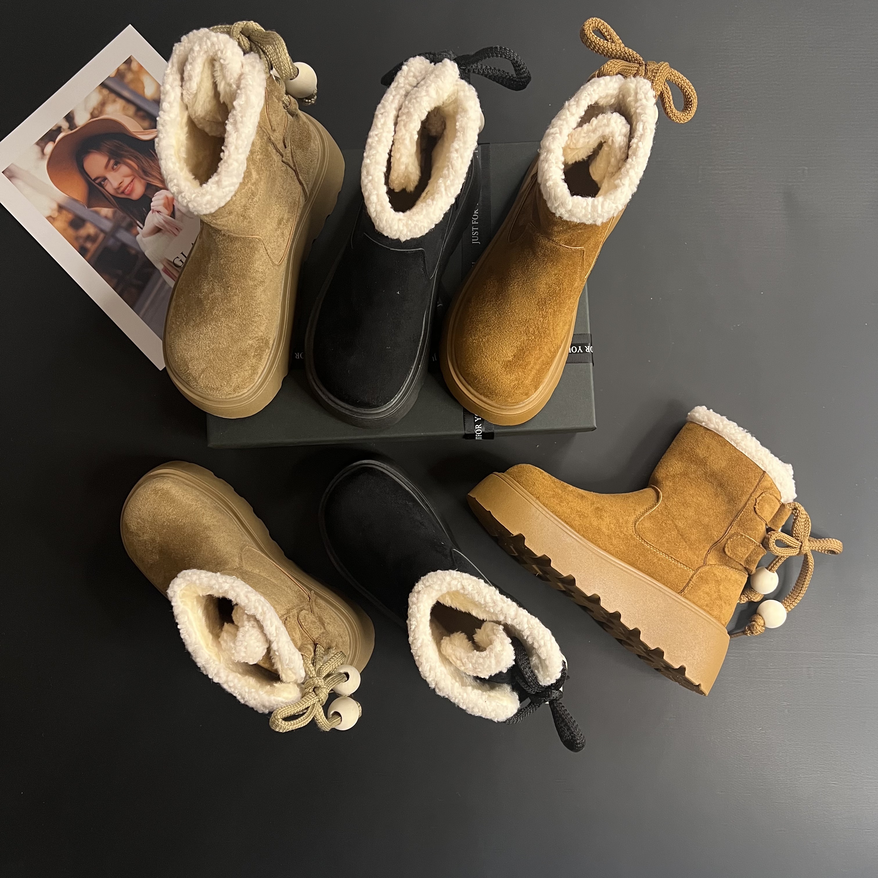 冬季新款时尚百搭厚底加绒加厚中筒保暖棉鞋短筒防滑女士雪地靴-G