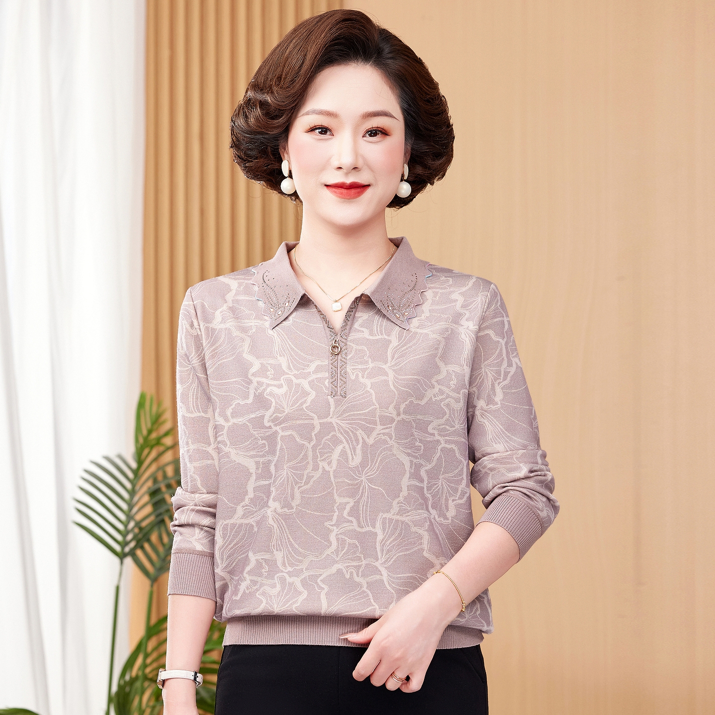 2025秋季翻领烫钻针织长袖小衫妈妈时尚宽松弹力长袖打底衫上衣