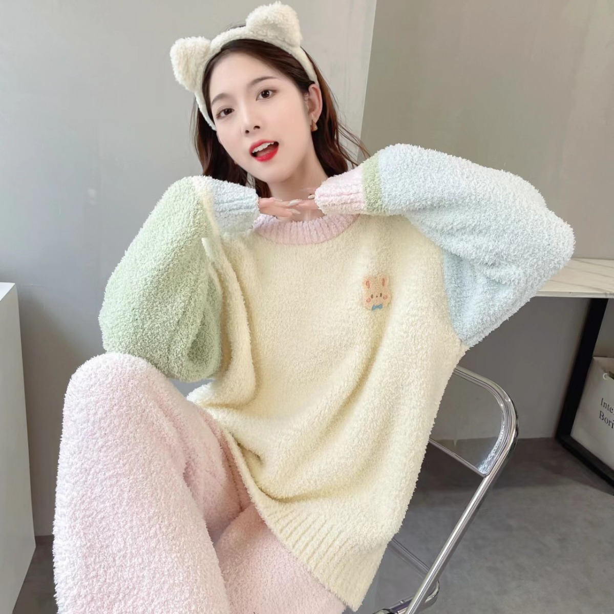 秋冬季半边绒睡衣简约潮流ins风小兔图案双色袖子家居服装