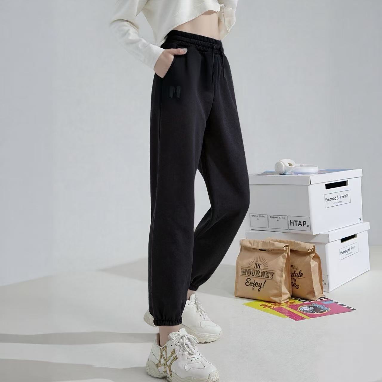 tonlion/唐狮印花高腰休闲裤裤子百搭加绒外穿运动裤128422093714