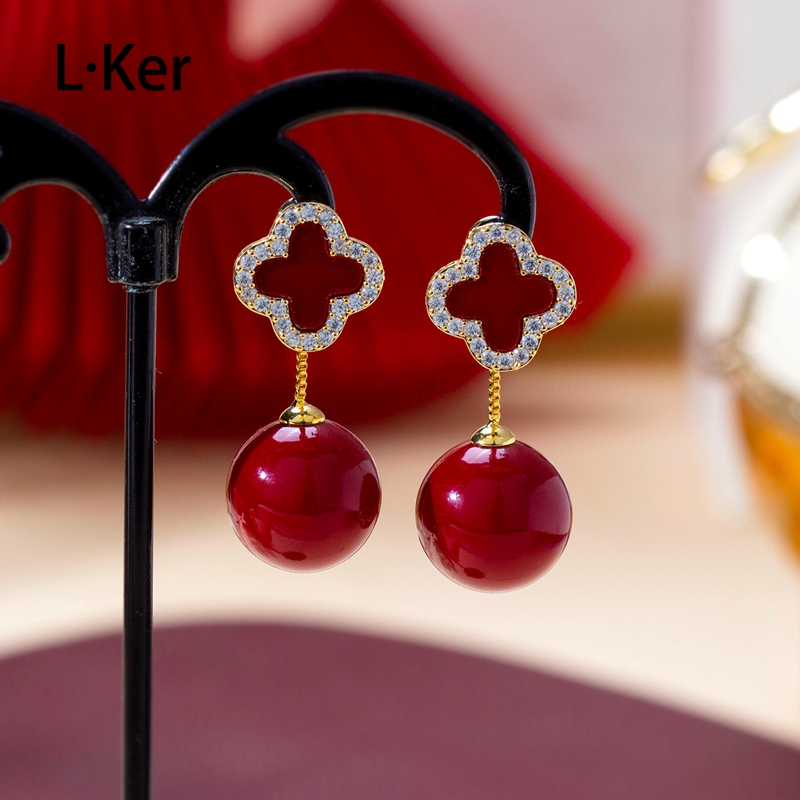 铜合金耳饰 【四叶花】2025秋冬红色花朵流苏一款两戴珠珠耳环1827