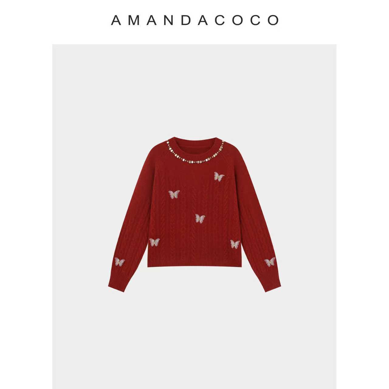 冬日雪融～25秋冬温柔气质感圆领钉珠立体蝴蝶长袖毛衣