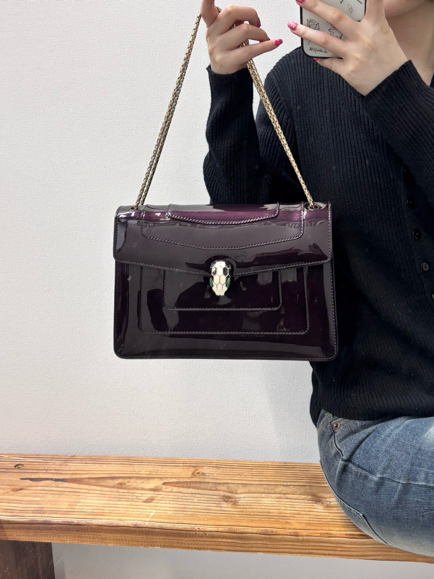 95新 BVLGARI/宝格丽 宝格丽 葡萄紫漆皮蛇头斜挎包(K)