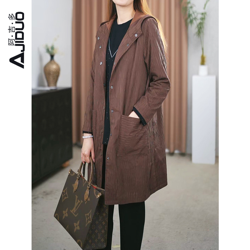 阿吉多中长款提花轻薄连帽外套女秋冬季单排扣宽松风衣棉衣A20302