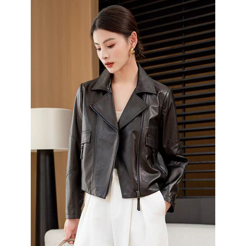 绵羊款春秋皮衣女秋装新款西装领休闲短款皮夹克女士外P5813