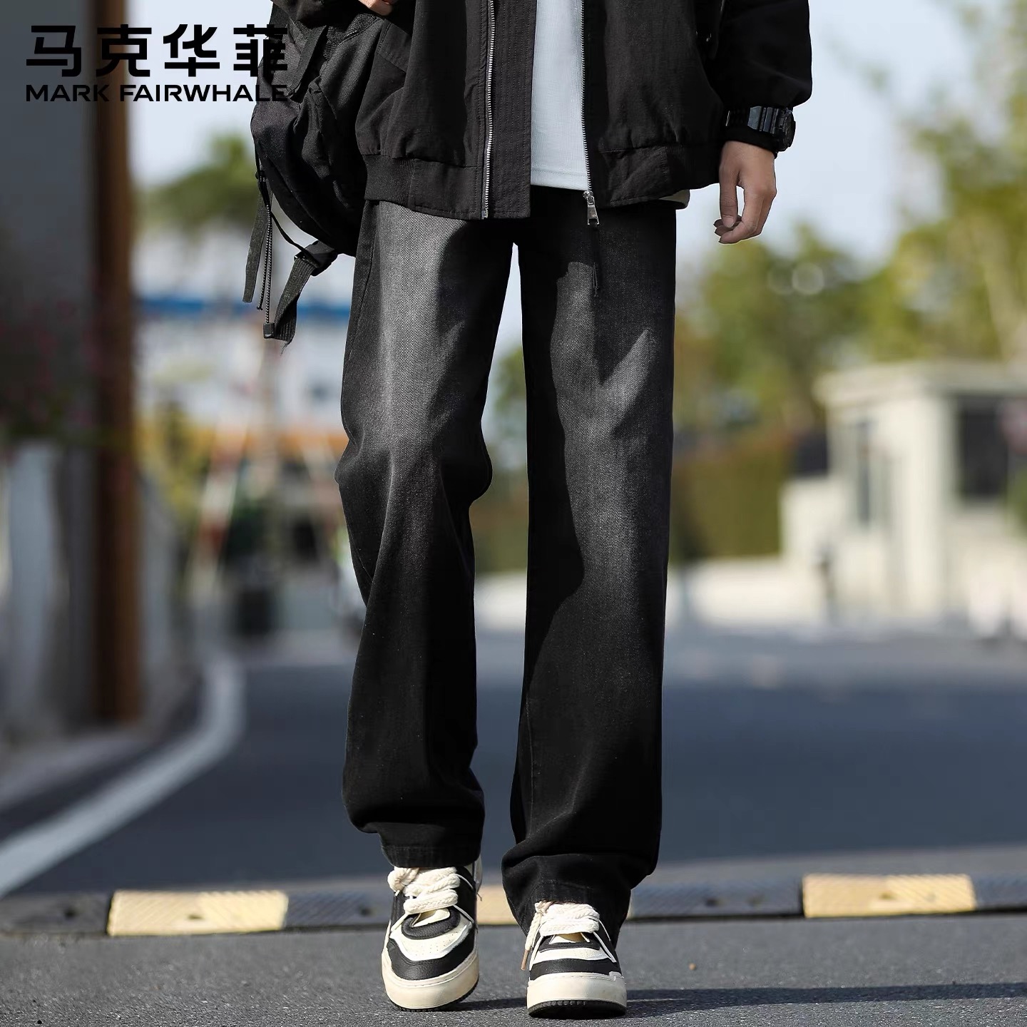 马克华菲秋冬活力风中腰水洗直筒裤宽松牛仔裤复古冬季潮流百搭