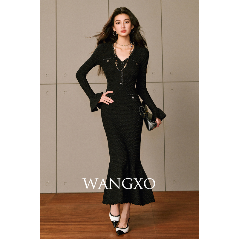 WANGXO 小香亮丝格纹修身鱼尾连衣裙  2531096W