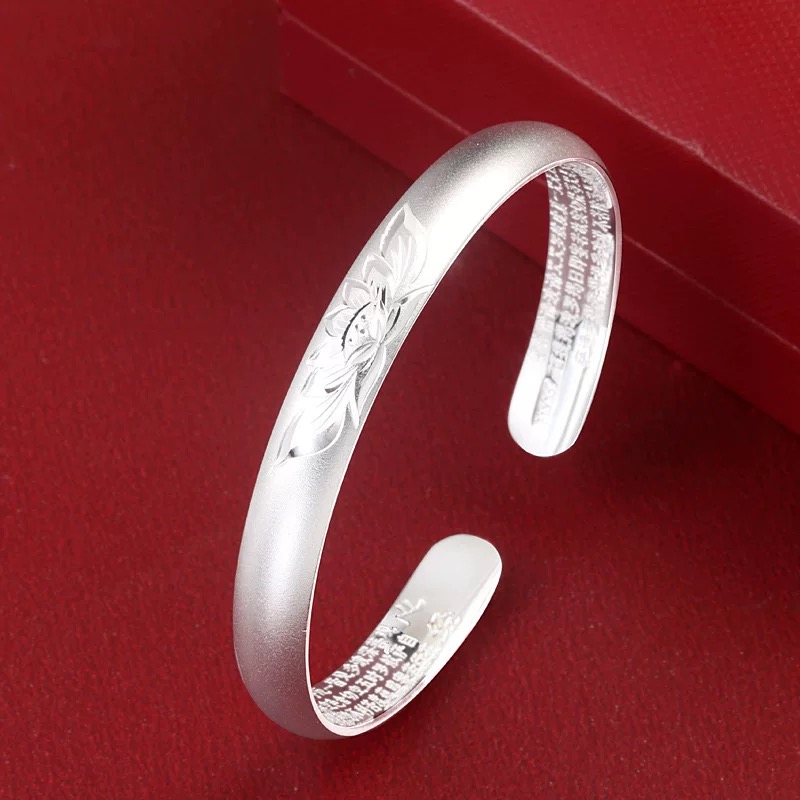 足银手镯 4号-莲花心经【开口】手镯