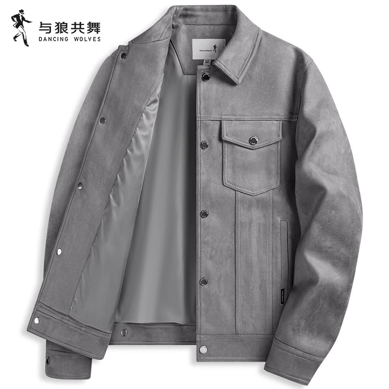 【舒适亲肤】与狼共舞翻领夹克2025秋季新款休闲纯色工装百搭外套男