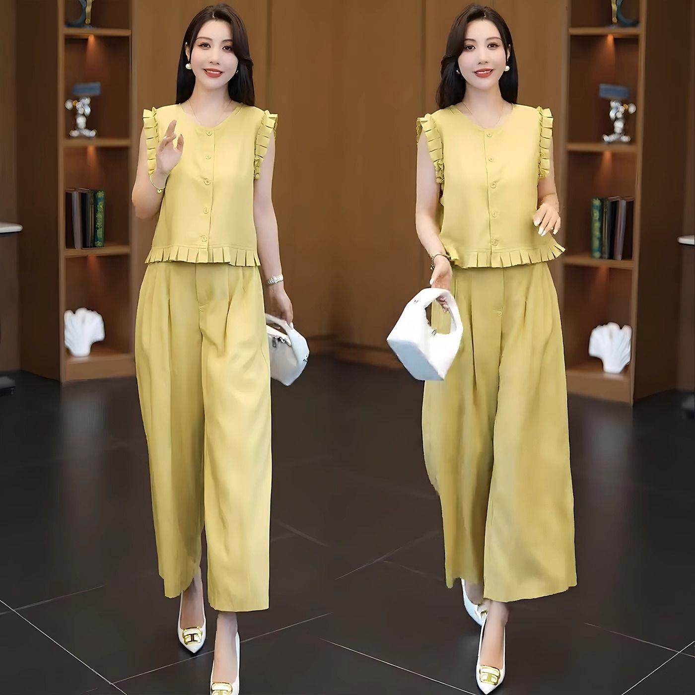 大码时尚套装女2025夏季大方得体穿搭木耳边无袖上衣阔腿裤两件套