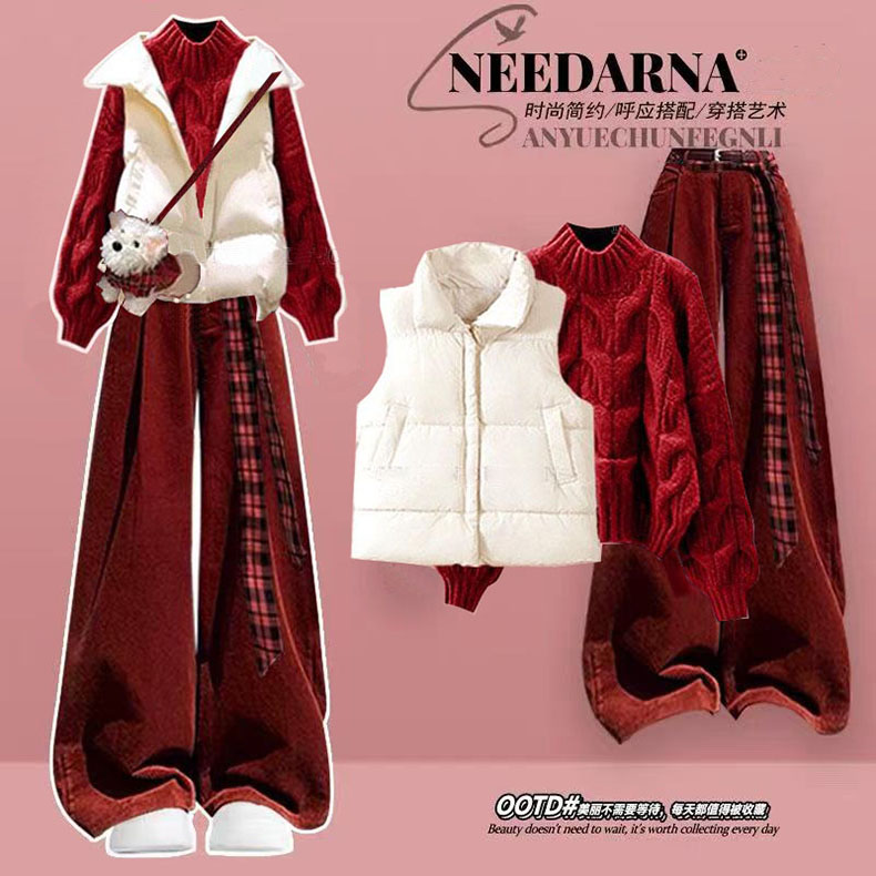 冬装一整套2025新款套装圣诞红色毛衣马甲棉服加绒阔腿裤三件套