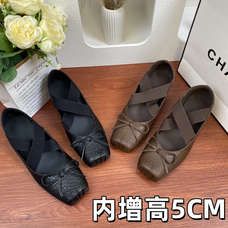 5CM内增高极简芭蕾风交叉带单鞋女蝴蝶结百搭软底一脚蹬玛丽珍鞋