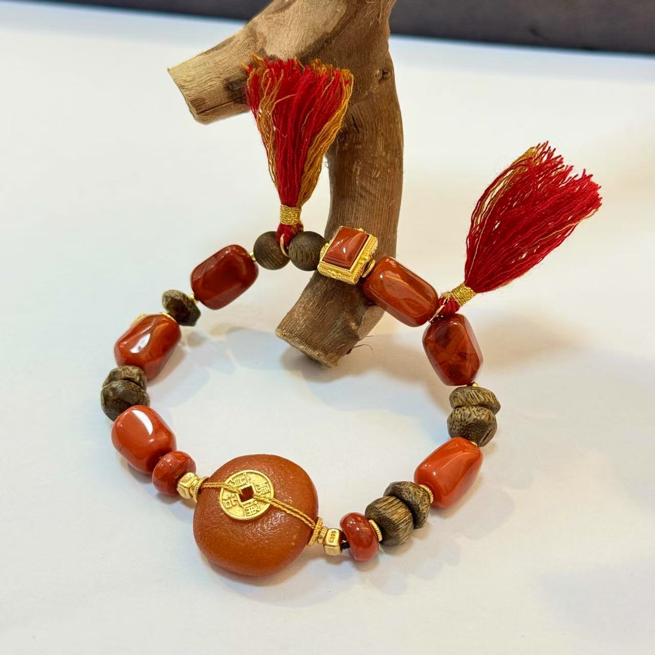 【景润】蜜蜡橘皮饼子南红玛瑙随形短流苏编织手绳 多样性发其一 延