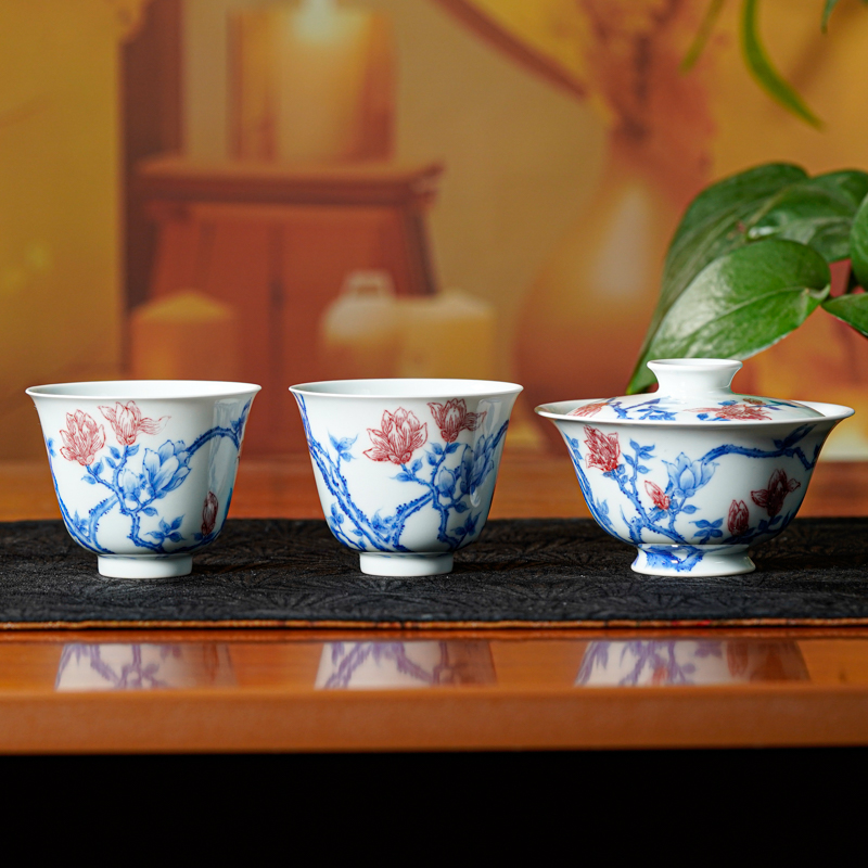 【小乔赏瓷】沐茗古韵青花釉里红玉兰花套装mmgy353