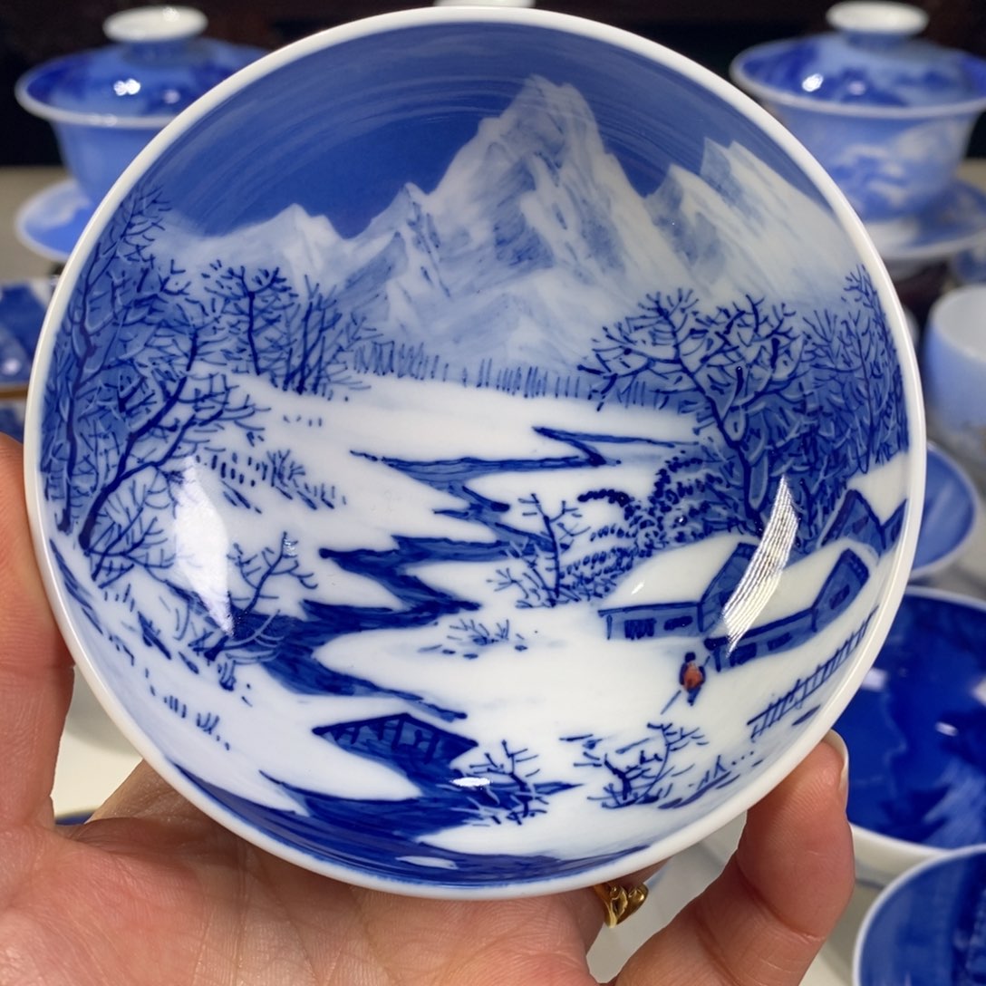 瓷片青花雪景主人杯杯