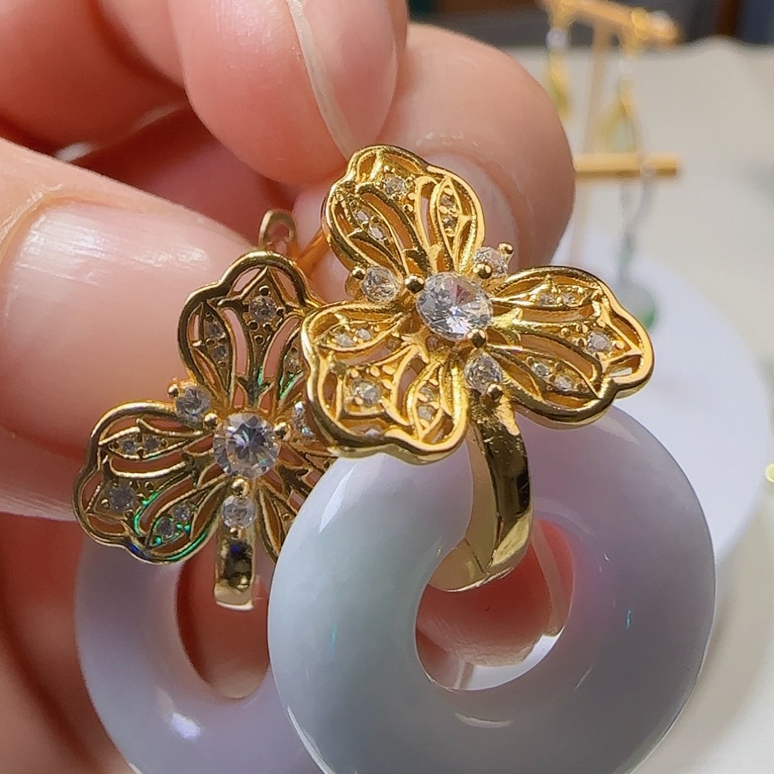 翡翠耳饰银S925镶嵌天然缅甸a货翡翠