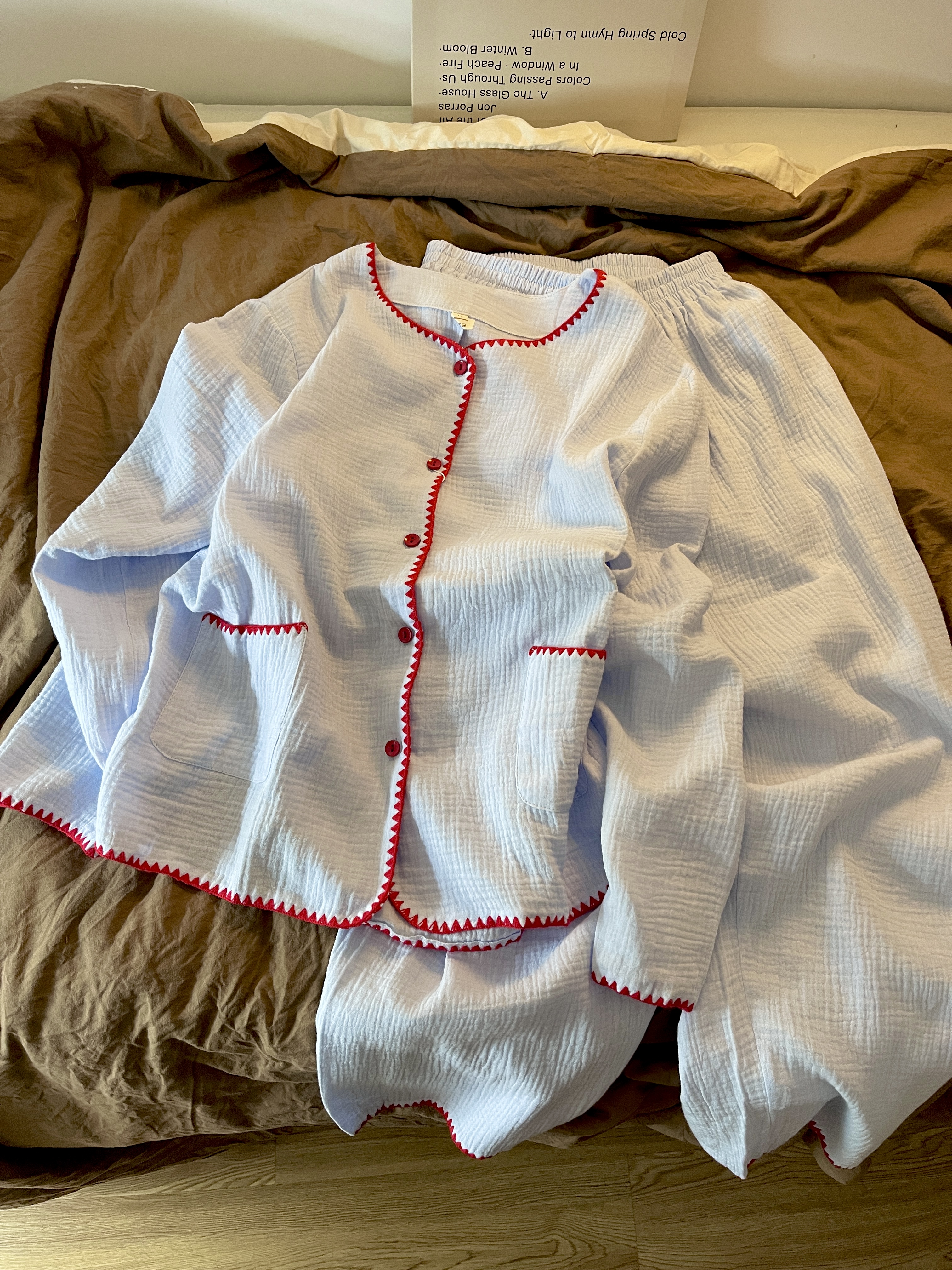 韩系撞色设计感时尚洋气棉纱睡衣女早秋居家休闲慵懒风可外穿套装