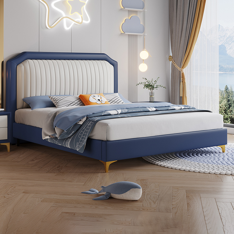 儿童床真皮床轻奢现代简约男童床小户型床男生网红床实木男孩床