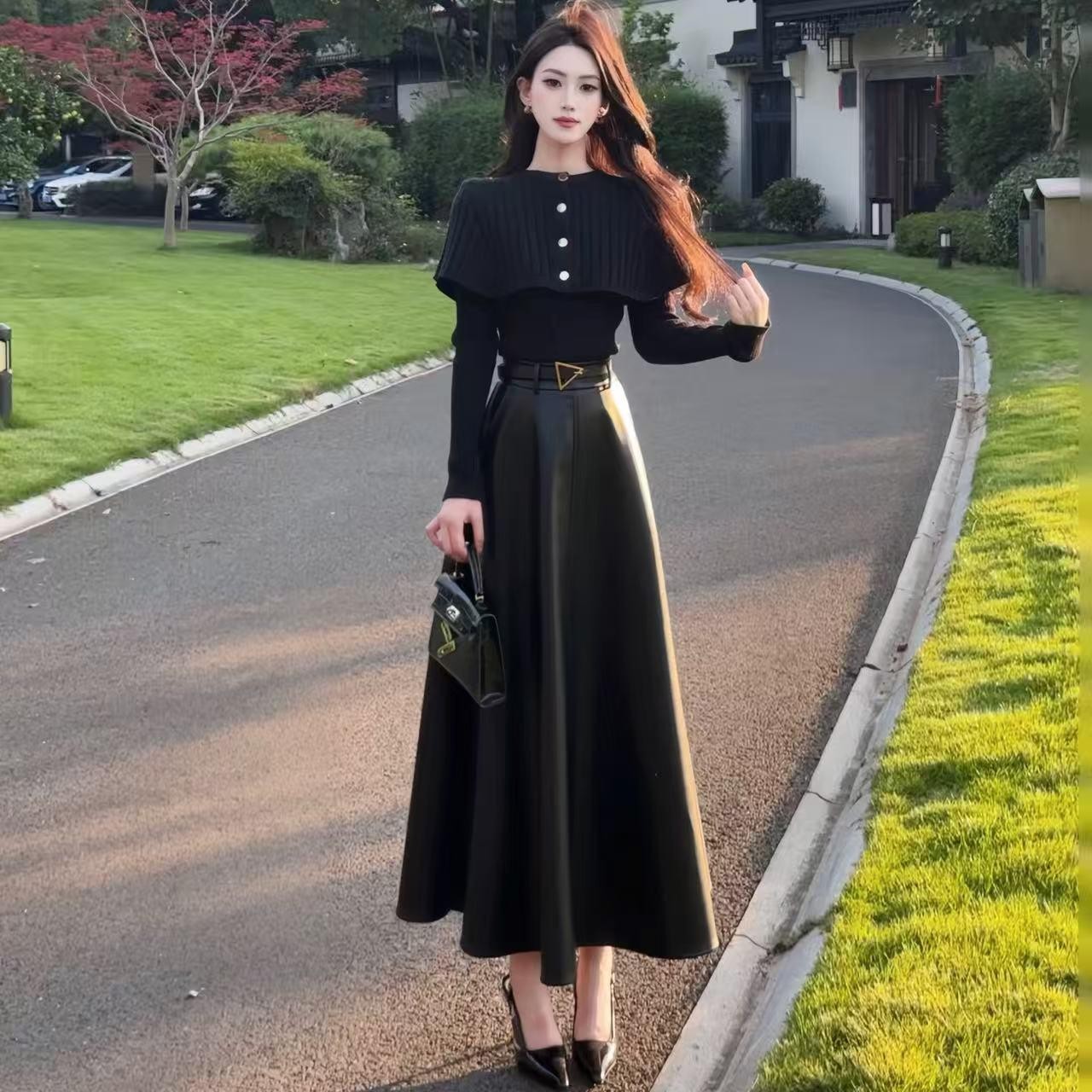 拉夏贝尔/25秋冬新款复古气质优雅针织高腰上衣+半身裙 10201 XDJ