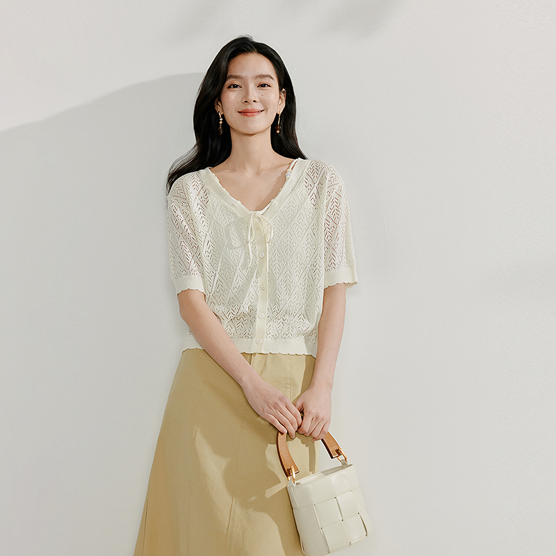 【商场同款新品】茵曼2025夏季度假镂空V领针织开衫小个子短袖上衣