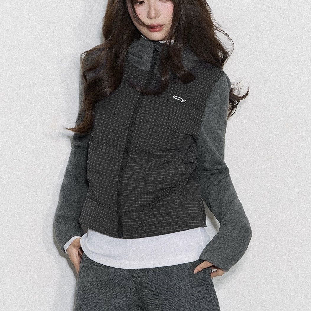 【薄暖新序】格纹拼接假两件连帽上衣次显瘦排骨棉服外套女冬外套 