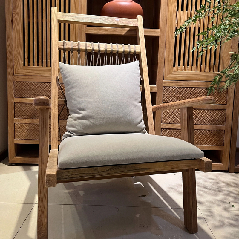 休闲椅老榆木开放漆牛筋绳编绳结构紧密不易断裂传统榫卯工艺