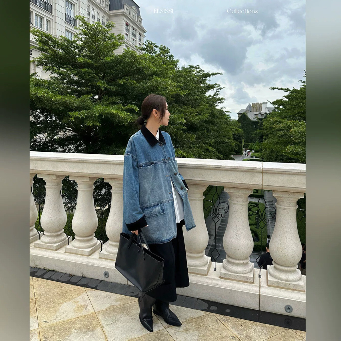 ELSISSI2025新款秋季复古拼接牛仔外套百搭拼接做旧设计感上衣女