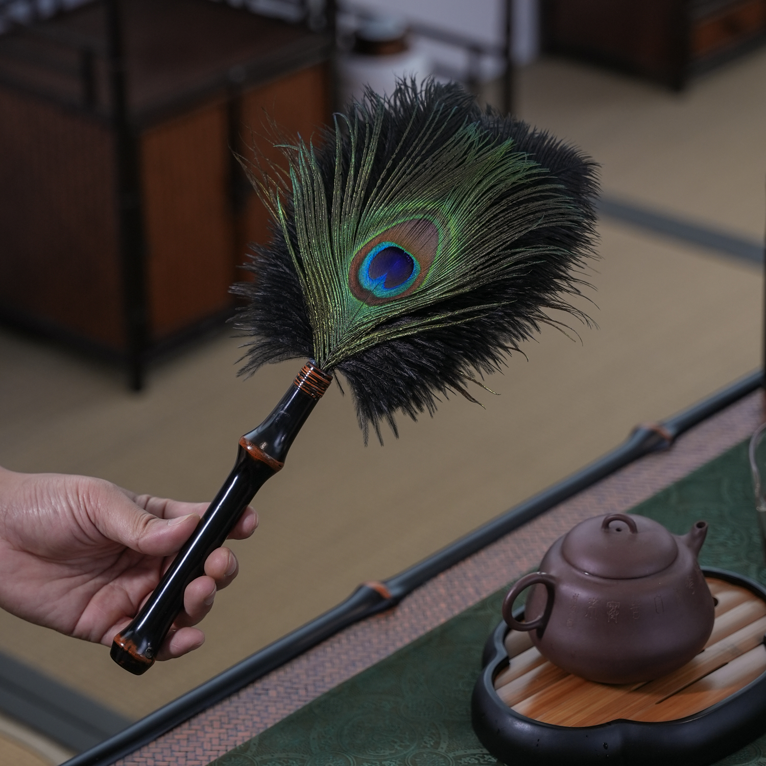 【拂尘】筇竹根拂尘孔雀羽毛茶配件茶具清理利器特色功夫茶道器具