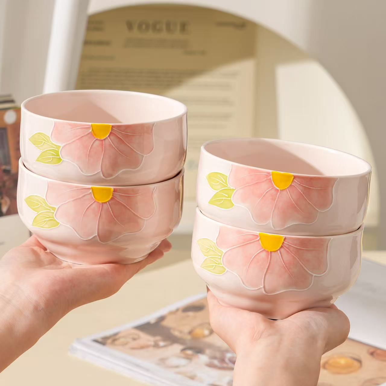 【清晨物语】4个装超好看陶瓷手绘浮雕釉下彩家用精致米饭碗甜品碗