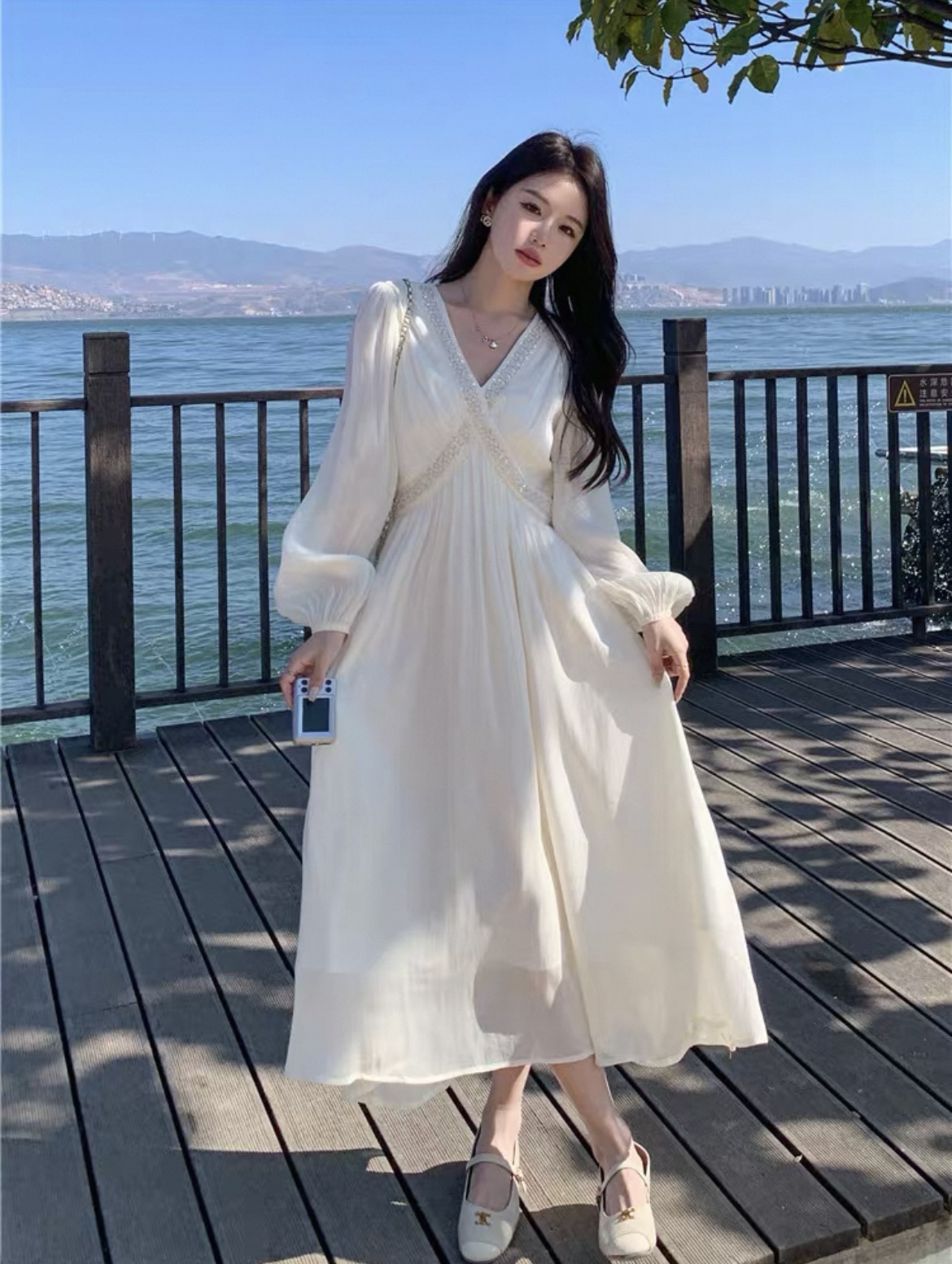 千语栀【月汐光影】犹有花上月  流光清冷感新款长袖显瘦白色连衣裙