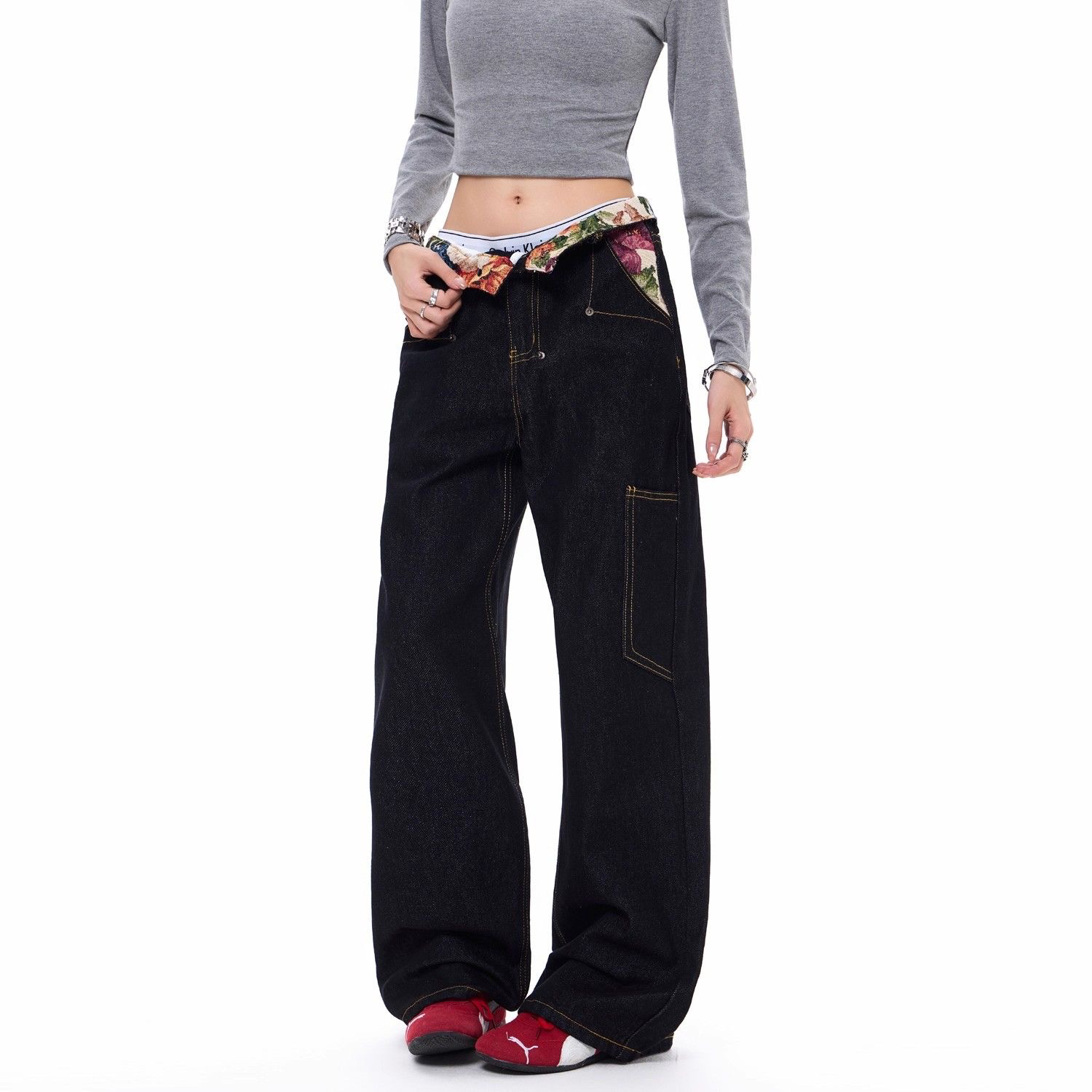 美式复古拼接花卉刺绣直筒牛仔裤男女宽松休闲设计感vibe百搭长裤