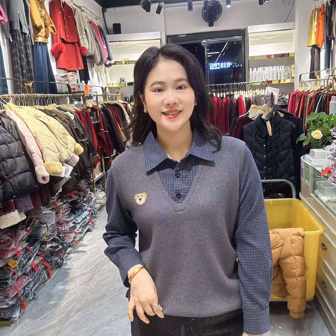 5-3756假两件绣衬衫领打底毛衣