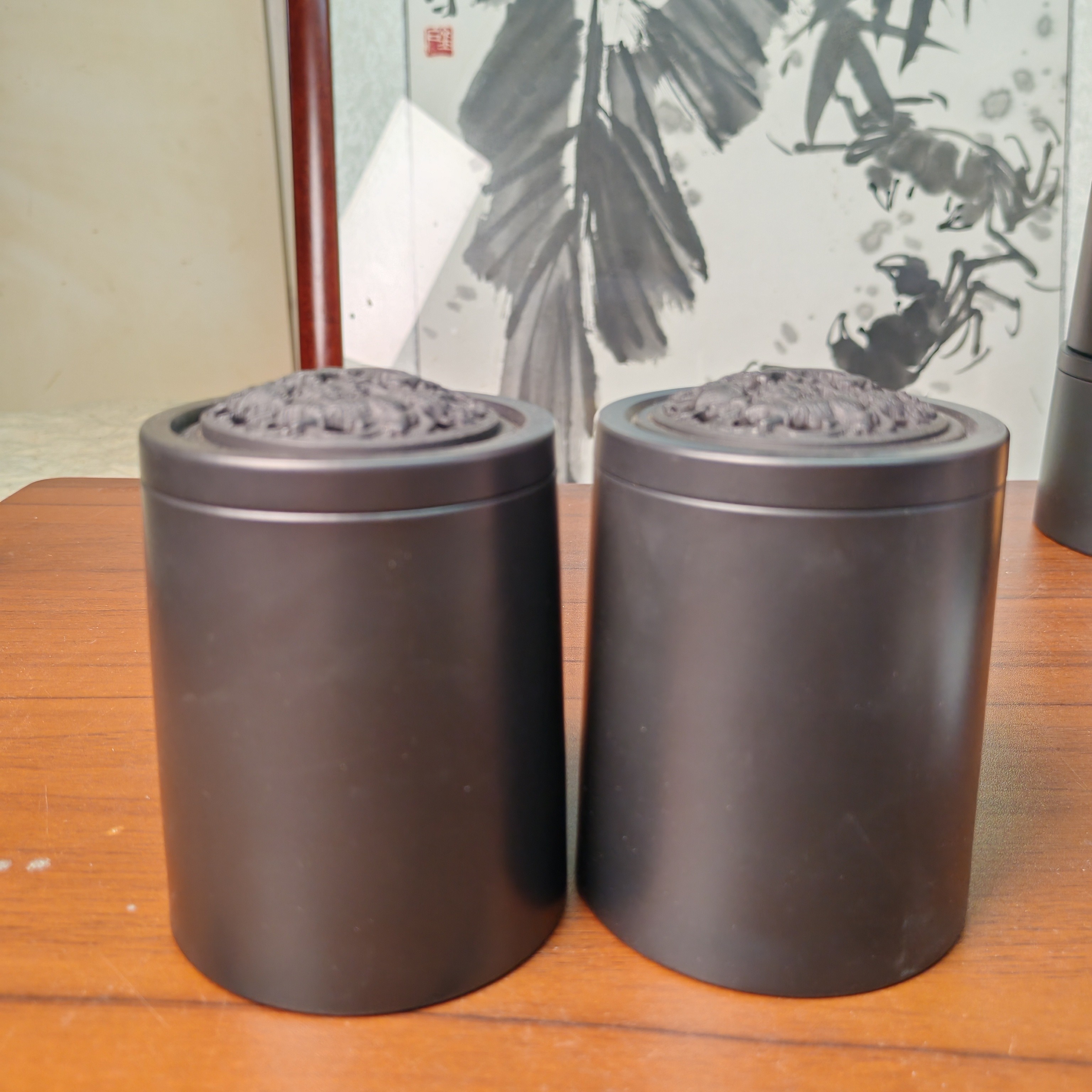 柴烧黑虫白鸣虫叫罐高身一对泥制蒙心