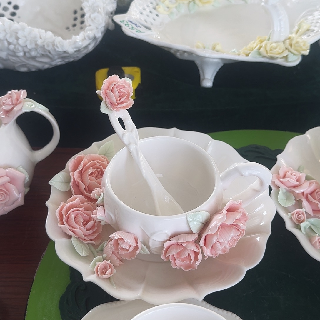 牡丹花咖啡杯碟加勺子