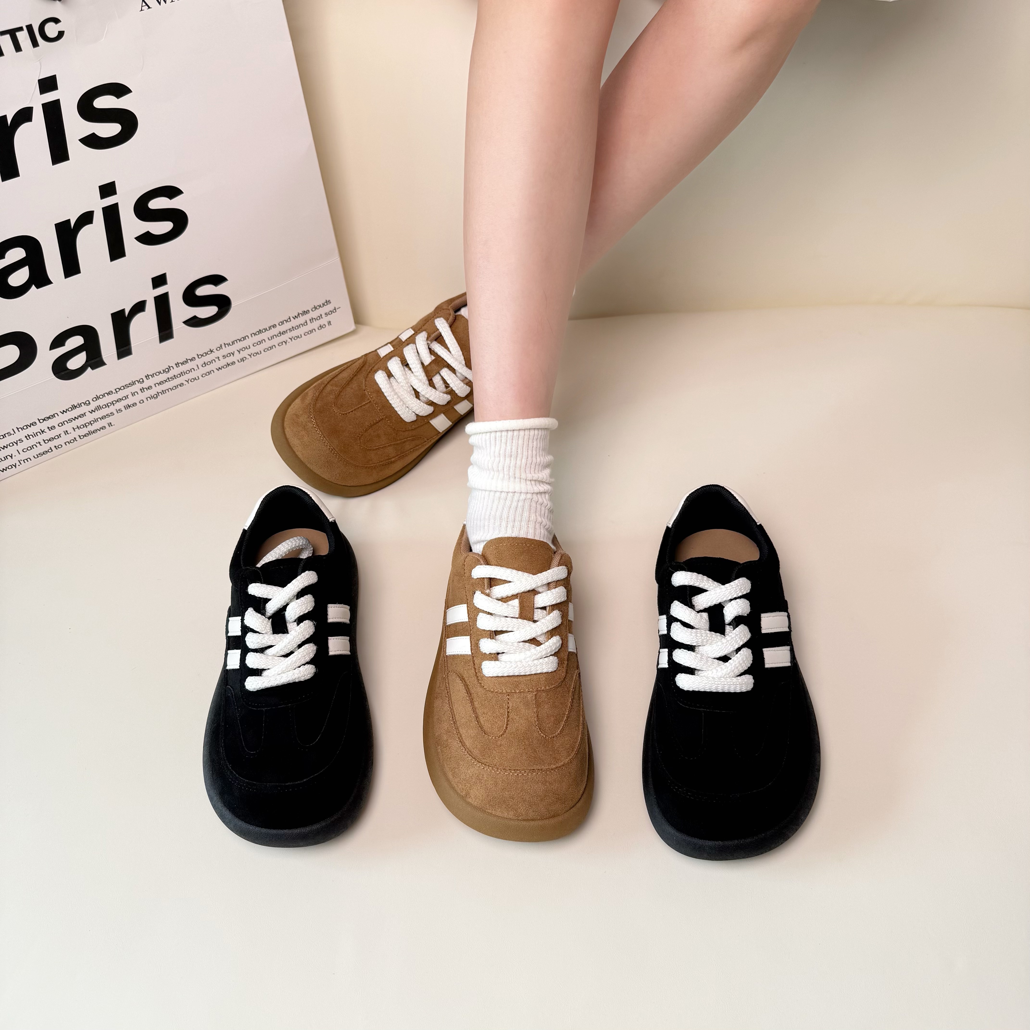 Tagabe休闲板鞋女秋冬季新款百搭系带软底不累脚厚底德训鞋