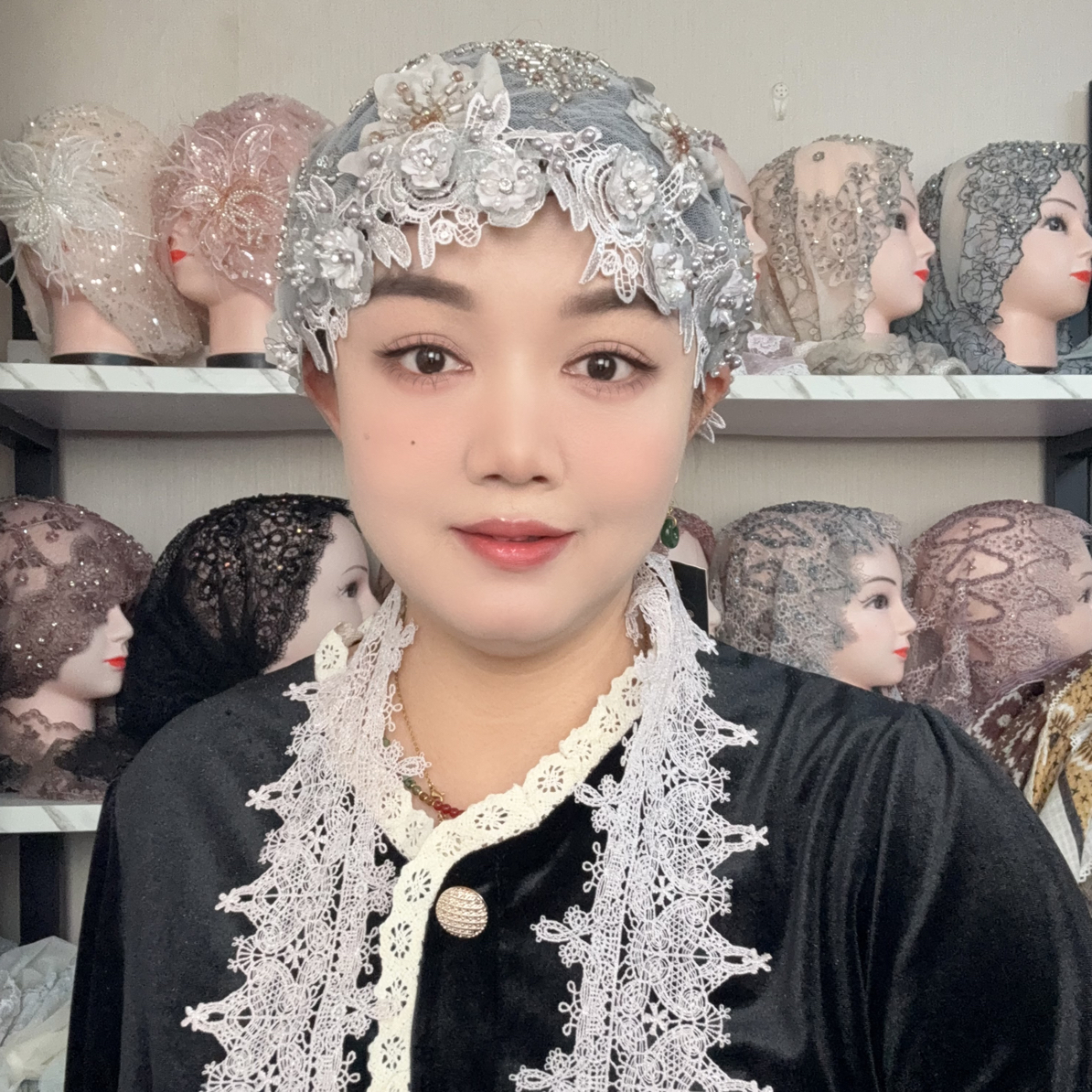 25高定蕾丝莎（双层）专柜立体花钉珠披肩法式飘带帽时尚气质女孩