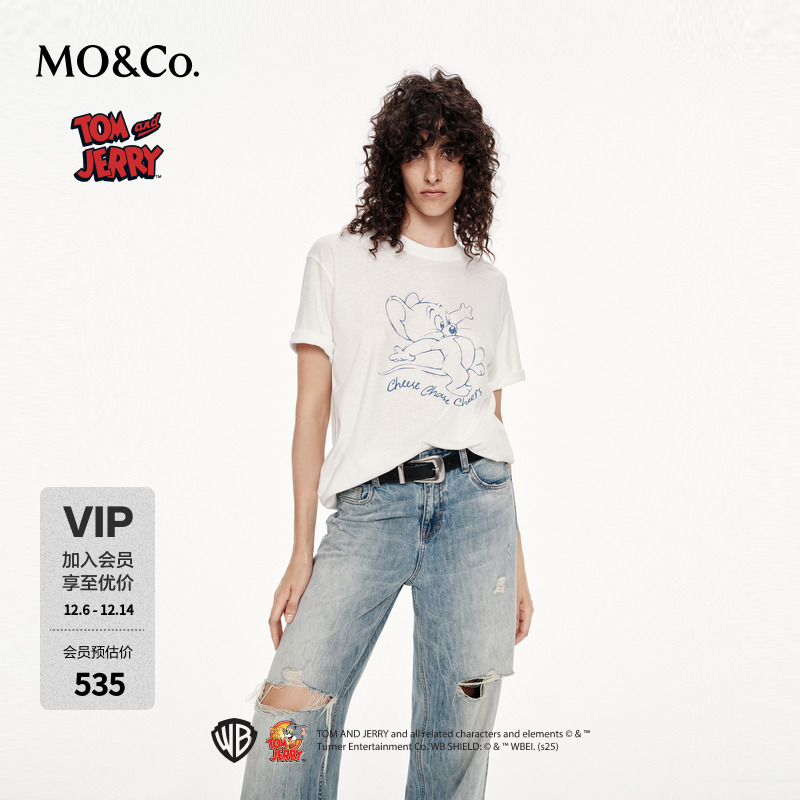 MOCO印花T恤2025秋新品猫和老鼠联名系列净色肌理短袖MBE3TEE010